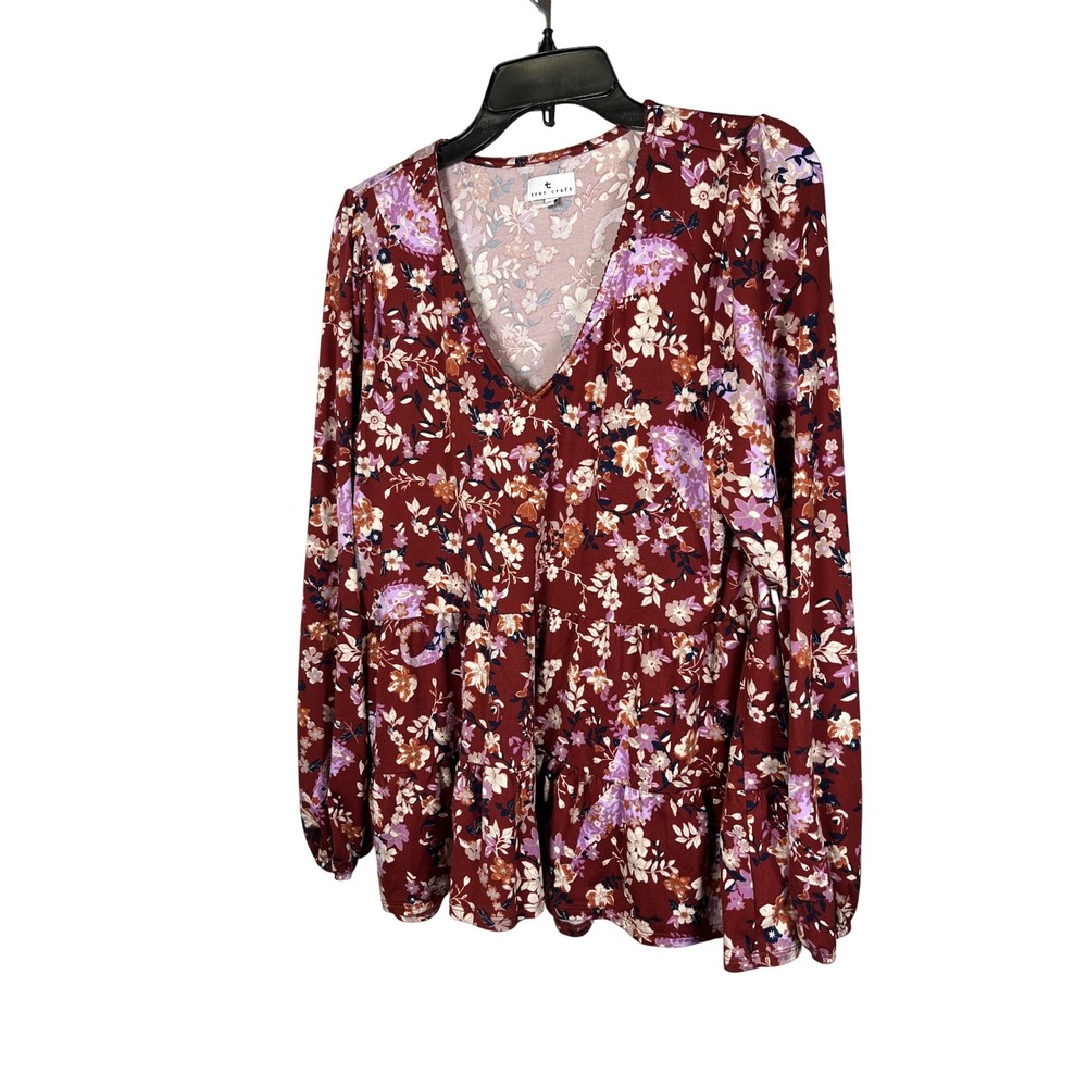 True Craft Womens Floral‎ Paisley Tiered Peplum Top Burgundy V-Neck Large